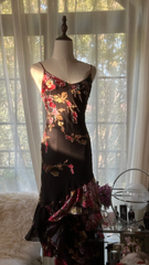 Black with pink floral print, halter-neck, fitted, asymmetrical hem, long ball gown R7738