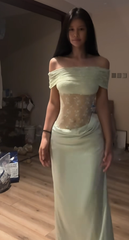 Light green off-the-shoulder fitted waist sexy lace long bodycon ball gown R8092