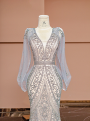 Light apricot V-neck fitted waist slim hip-hugging sexy long ball gown R8408