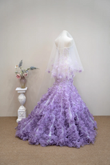 White strapless fitted waist long ball gown with purple floral maxi skirt R8899