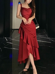 Red suspender satin slim waist pleated skirt long ball gown R6224