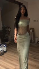Light green off-the-shoulder fitted waist sexy lace long bodycon ball gown R8092