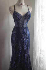 Navy blue sequined halter-neck fitted bodycon long ball gown R6782