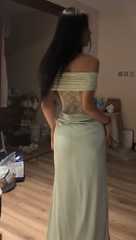 Light green off-the-shoulder fitted waist sexy lace long bodycon ball gown R8092