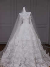 White one-shoulder lace slim waist puffy skirt long dress bridal dress R5789
