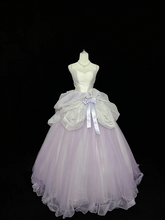 White strapless bodice, light purple tulle skirt, long ball gown R9049