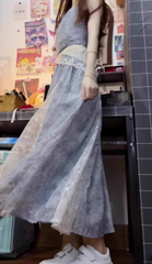 Blue lace tube top dress 2025 new beautiful waist a-line long skirt R0675
