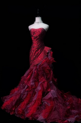 Burgundy strapless fitted waist long sexy and elegant ball gown R8687