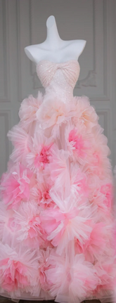 Pink Strapless Sequined Waist Slim Fit 3D Flower Skirt Long Dress Bridal Gown R5827