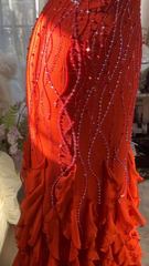 Red halter-neck fitted bodycon long ball gown R6544