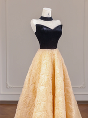 Black strapless bodice with apricot rose floral skirt, long ball gown R8264
