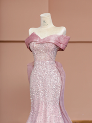 Light pink off-shoulder fitted waist bodycon sexy long ball gown R8409