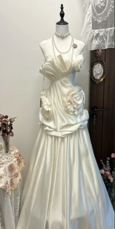 White strapless, fitted waist, pleated classic long ball gown R6422