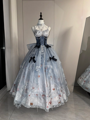 Gradient gray-blue halter-neck fitted waist slim-fit ball gown with a full skirt R8075