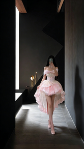 Pink off-the-shoulder fitted waist slim-fit short ball gown with a full skirt R8031
