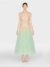 Gradient color suspenders nude pink upper body slimming elegant light green skirt long skirt homecoming dress R4791
