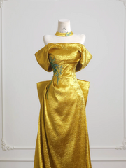 Gold off-shoulder fitted waist long elegant and sexy ball gown R8226