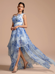 Blue floral print one-shoulder fitted waist long ball gown R8882