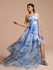Blue floral print one-shoulder fitted waist long ball gown R8882