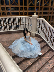 Light blue strapless, fitted waist, full skirt long ball gown R8367