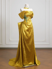 Gold off-shoulder fitted waist long elegant and sexy ball gown R8226