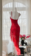 Sexy red halter-neck, fitted, asymmetrical skirt ball gown R7681