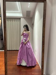 Pinkish-purple strapless, fitted waist, full skirt, long ball gown R8851