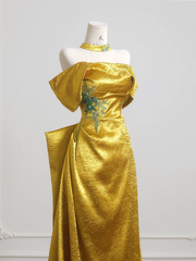 Gold off-shoulder fitted waist long elegant and sexy ball gown R8226