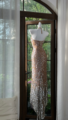 Champagne pink halter neck fitted waist sequined long ball gown R7640
