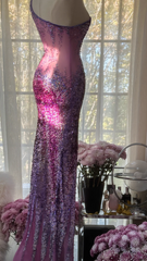 Purple one-shoulder sexy fitted waist bodycon long ball gown R7721