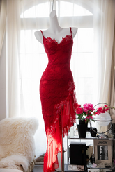 Sexy red halter-neck, fitted, asymmetrical skirt ball gown R7681