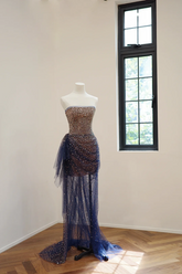 Blue strapless rhinestone-embellished fitted long sexy ball gown R8477