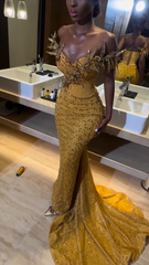 Gold Mermaid Off Shoulder Beaded Long Prom Dress Evening Formal Dress S7090