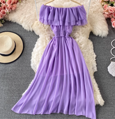 Bali resort beach slim long skirt sexy off-shoulder one-shoulder ruffled chiffon dress R0326