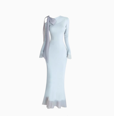 Gentle oblique collar bow tie dress 2025 waist hip long skirt R1168