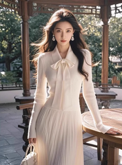 Large size French temperament knitted dress cool and gentle white long skirt R1872