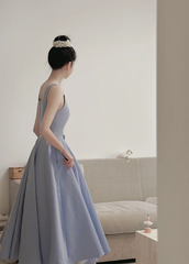 Light blue spaghetti strap, waist-cinched, full-skirted elegant prom dress R7970