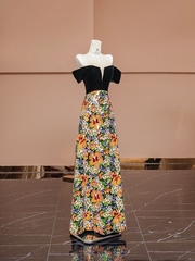 Black off-the-shoulder, fitted waist, sequined floral skirt, long ball gown R8385