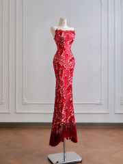 Red classic floral print strapless fitted waist slim hips sexy long ball gown R8179