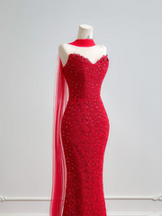 Red strapless lace fitted waist slim hip-hugging long sexy ball gown R8158