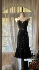 Black halter-neck fitted midi ball gown with rhinestone embellishments R7740
