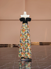 Black off-the-shoulder, fitted waist, sequined floral skirt, long ball gown R8385