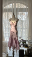 Light pink halter-neck fitted waist slim-fitting irregular hem midi ball gown R7700