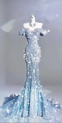 Silver Off-the-Shoulder Rhinestone-Embellished Fitted-Waist Slim-Fit Hip-Hugging Mermaid-Length Prom Dress R6505