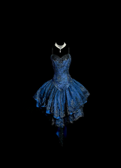 Blue halter-neck fitted short ball gown with a tiered skirt R6665