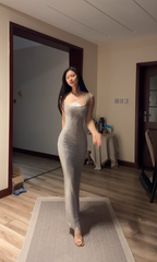 Silver sequined halter-neck fitted long sexy ball gown R7544