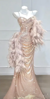 Pink halter-neck pleated waist bodycon long ball gown R6423