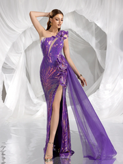 Purple one-shoulder fitted waist long sexy ball gown R8871