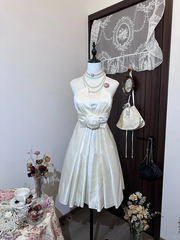 White satin tube top waist slim fit pleated long skirt homecoming dress R4363