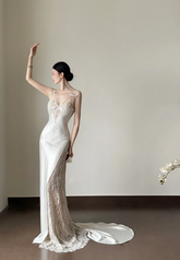 White spaghetti-strap cutout waist-cinched slim-fit backless sexy long prom gown R8010